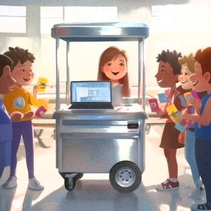 students in lunch line at mobile lunch cart in cafeteria.